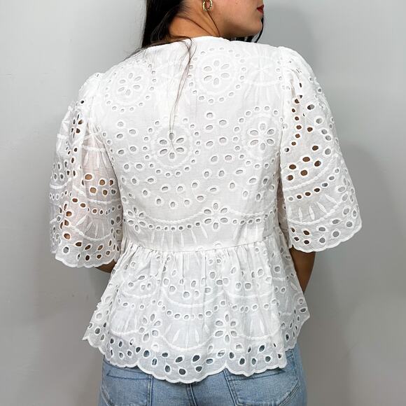 Love Wednesday White Eyelet Tie Front Flutter Sleeve Blouse - Picture 2 of 7